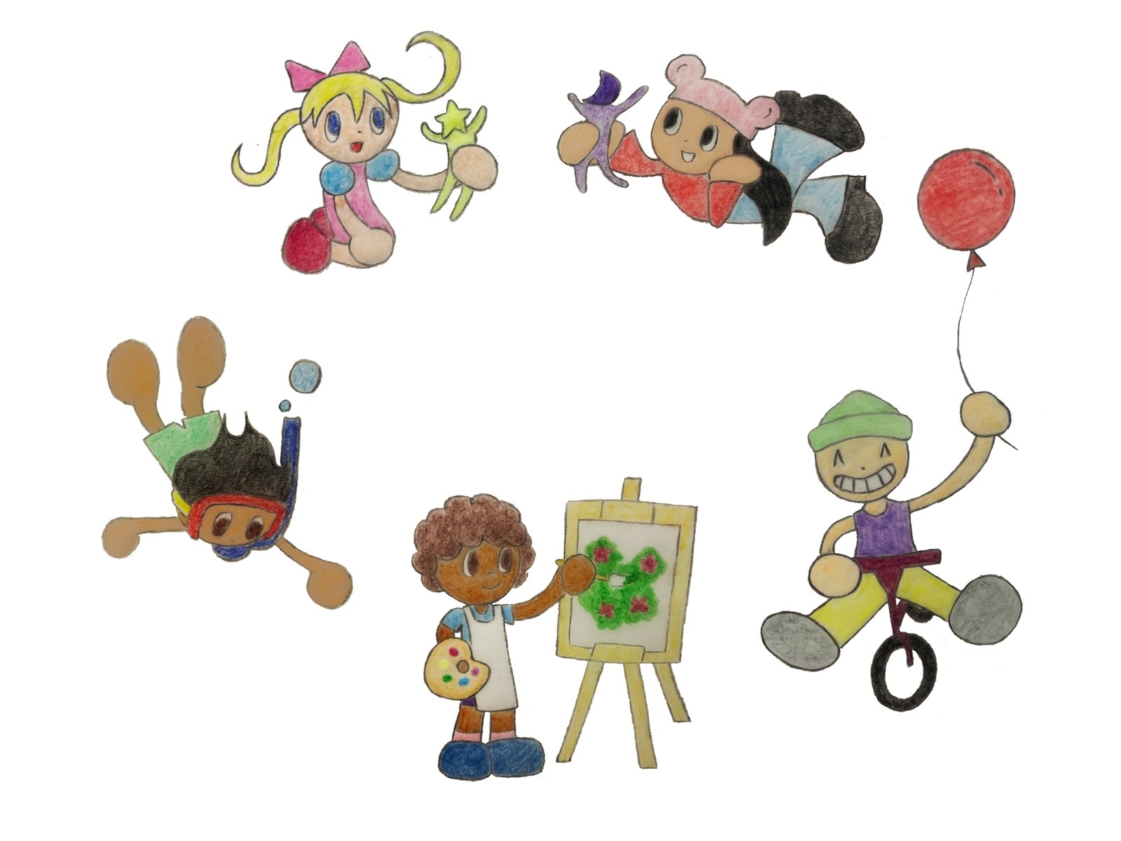 Original PCC illustration of children at play and creating art